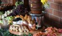 Dessert and grazing table with a chocolate fountain, ladyfinger cookies, fresh berries, sliced fruit, cheese, and crackers, decorated with fresh flowers.